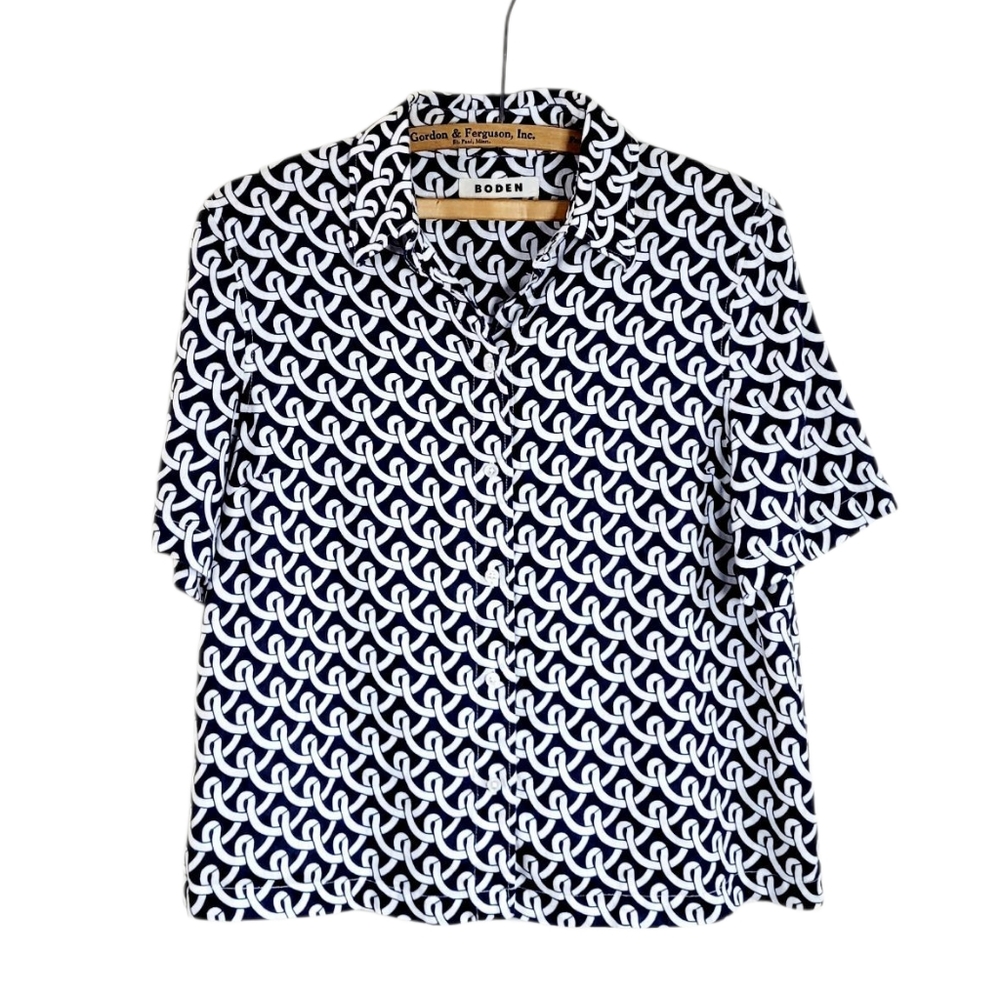 BODEN Hazel Short Sleeve Linen Shirt In Navy Blue White Geo Terrace Print Size 6 - Picture 3 of 10